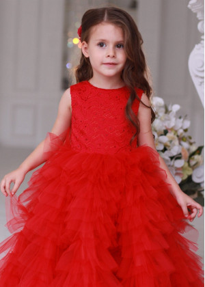 Beaded Red Lace Tulle Ruffle Flower Girl Dress Birthday Dress